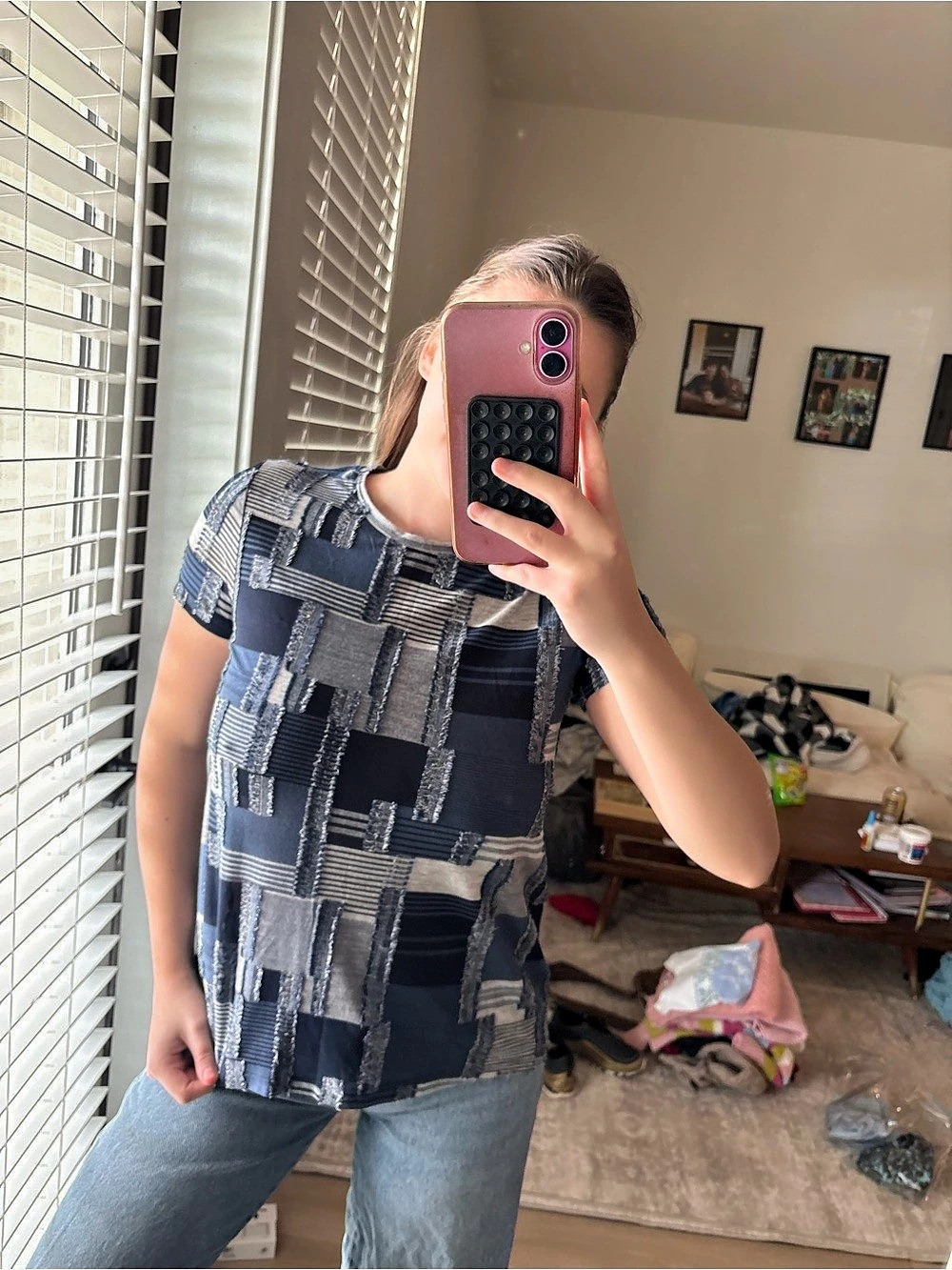 Zara Geometric Short Sleeve Top in Blue & Gray Size Medium